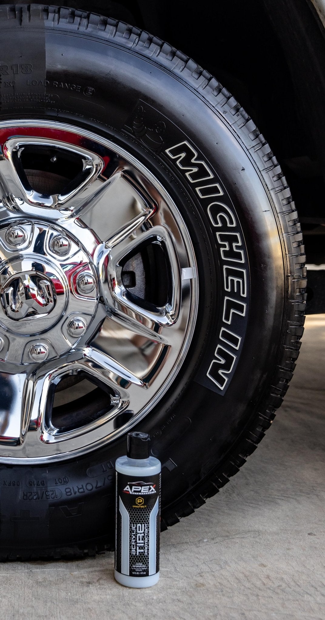 Acrylic Tire Protectant / Shine - APEX Auto Products APEX ACRYLIC TIRE  PROTECTANT is a water-based semi permanent tire shine. Once applied, it  dries in minutes to provide a hard, durable, and
